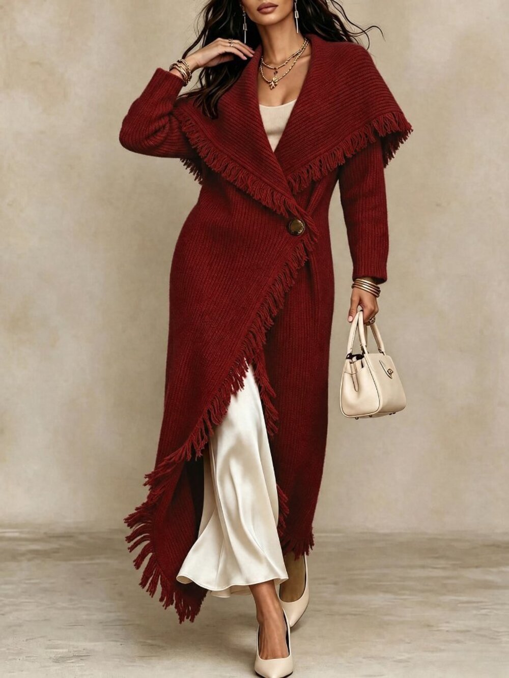 Burgundy Elegant Women's Tassel Design Casual Cardigan